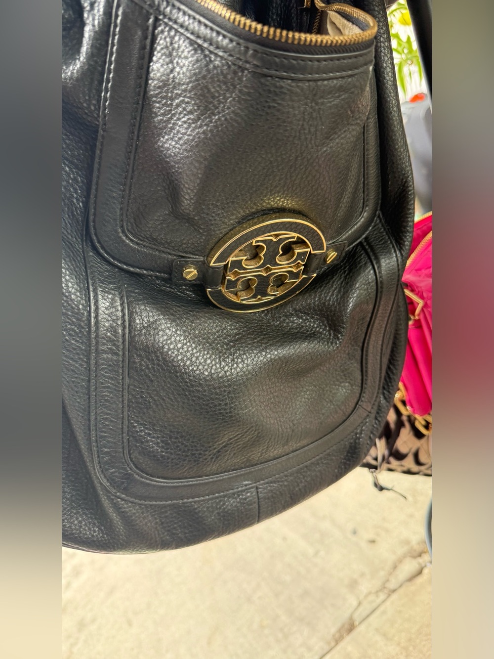 Tory Burch Black Pebbled Leather Shoulder Bag with Gold Logo